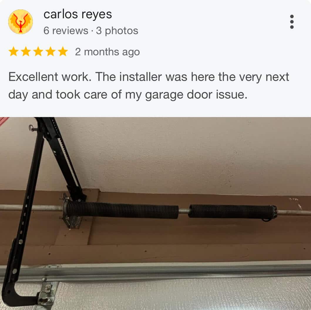 Customer review screenshot for same day garage door repair in Glendale AZ